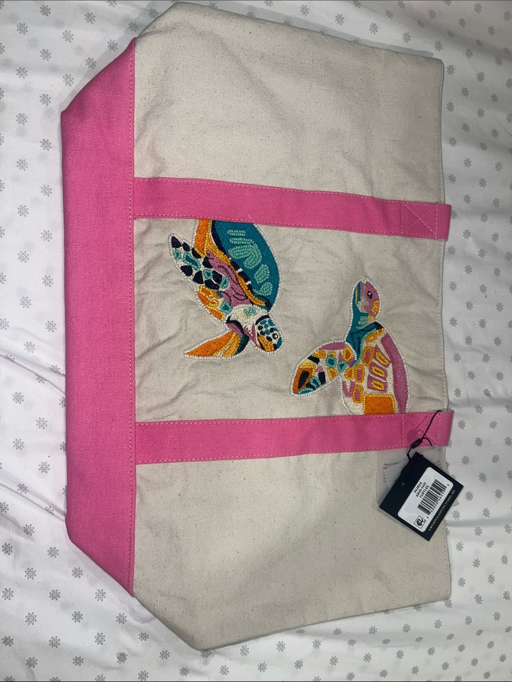 America and beyond Canvas Tote Bag with Pink Trim and Colorful Turtle Embroidery